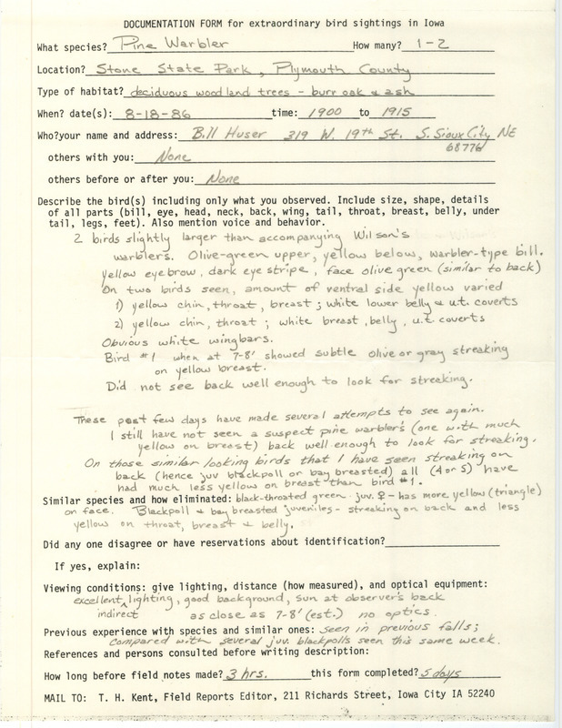 Rare bird documentation form for one to two Pine Warblers at Stone State Park in Plymouth County, IA on August 18, 1986.