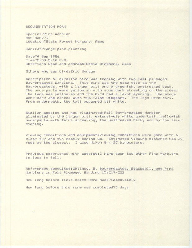 Rare bird documentation form for a Pine Warbler at State Forest Nursery in Ames in Story County, IA on September 4, 1986.