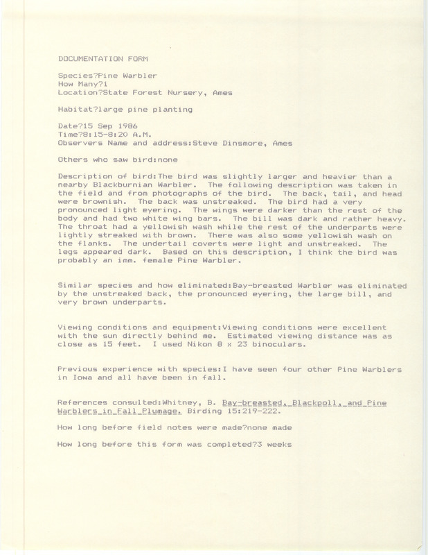 Rare bird documentation form for a Pine Warbler at State Forest Nursery in Ames in Story County, IA on September 15, 1986.