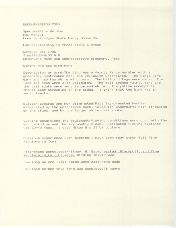 Rare bird documentation form for a Pine Warbler at Ledges State Park in Boone County, IA on September 28, 1986.