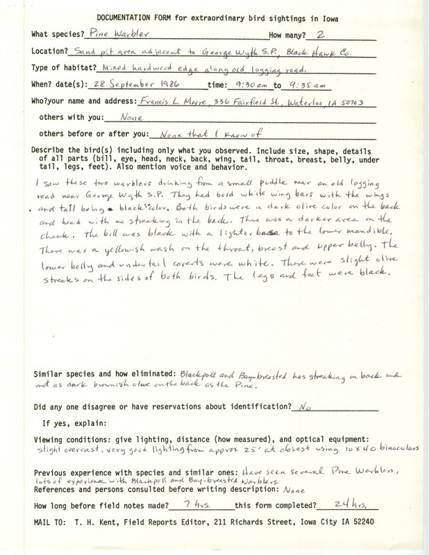 Rare bird documentation form for two Pine Warblers near George Wyth State Park in Black Hawk County, IA on September 28, 1986.