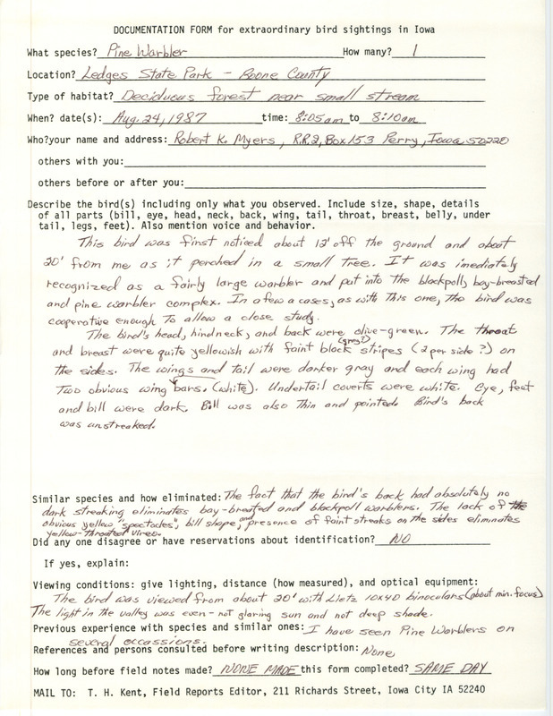 Rare bird documentation form for a Pine Warbler at Ledges State Park in Boone County, IA on August 24 ,1987.