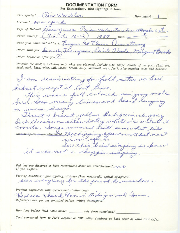 Rare bird documentation form for a Pine Warbler at Booneville in Dallas County, IA on September 21 to October 12, 1987.