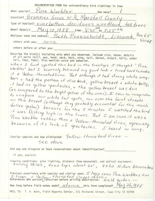 Rare bird documentation form for a Pine Warbler at Grammer Grove Wildlife Area in Marshall County, IA on May 10, 1988.