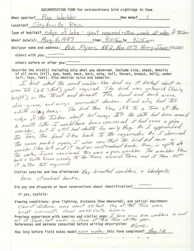 Rare bird documentation form for a Pine Warbler at Saylorville Lake in Polk County, IA on August 6, 1989.