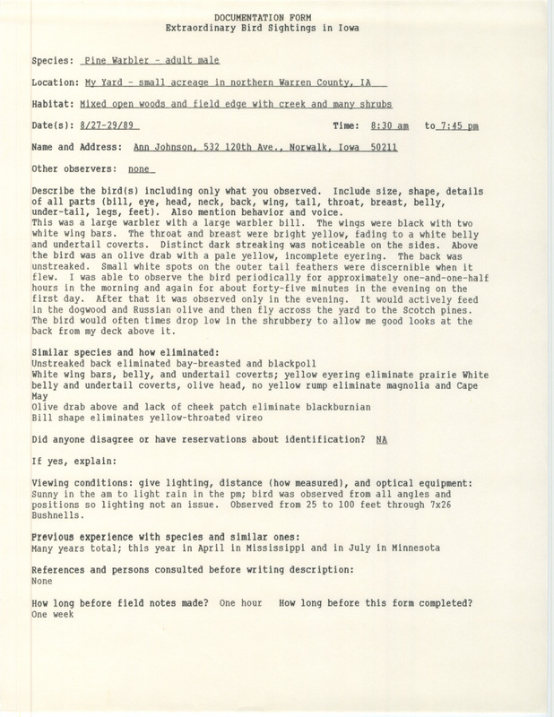 Rare bird documentation form for a Pine Warbler at Greenfield Township in Warren County, IA on August 27 to August 29, 1989.