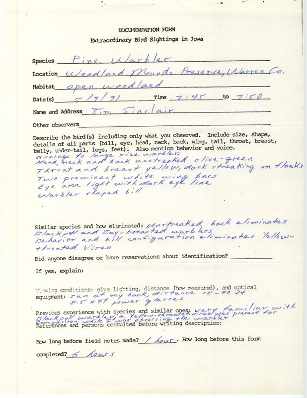 Rare bird documentation form for a Pine Warbler at Woodland Mounds State Preserve in Warren County, IA on May 9, 1991.