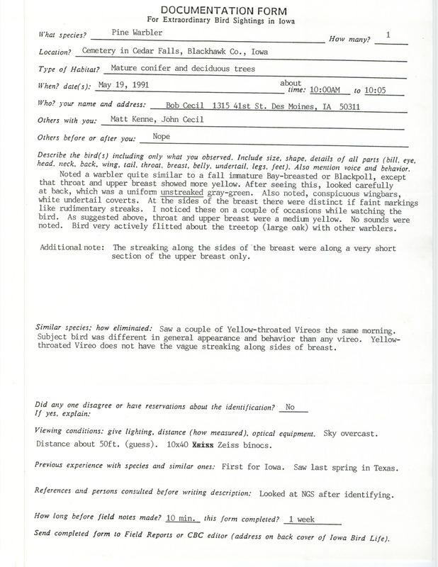 Rare bird documentation form for a Pine Warbler at Cedar Falls in Black Hawk County, IA on May 19, 1991.