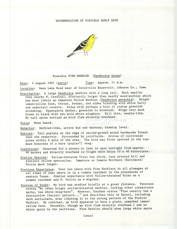 Rare bird documentation form for a Pine Warbler west of Coralville Reservoir in Johnson County, IA on August 4, 1991.