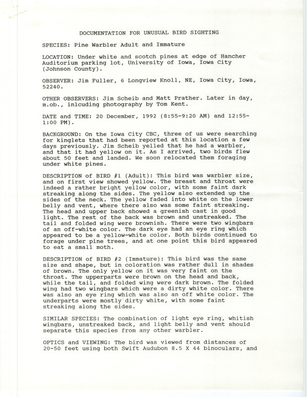 Rare bird documentation form for two Pine Warblers at Hancher Auditorium at the University of Iowa in Johnson County, IA on December 20, 1992.