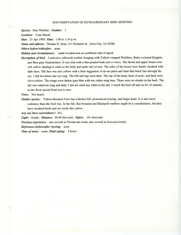 Rare bird documentation form for a Pine Warbler at Cone March in Louisa County, IA on April 27, 1993.