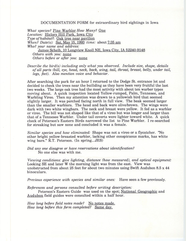 Rare bird documentation form for a Pine Warbler at Hickory Hill Park in Iowa City in Johnson County, IA on May 15, 1993.