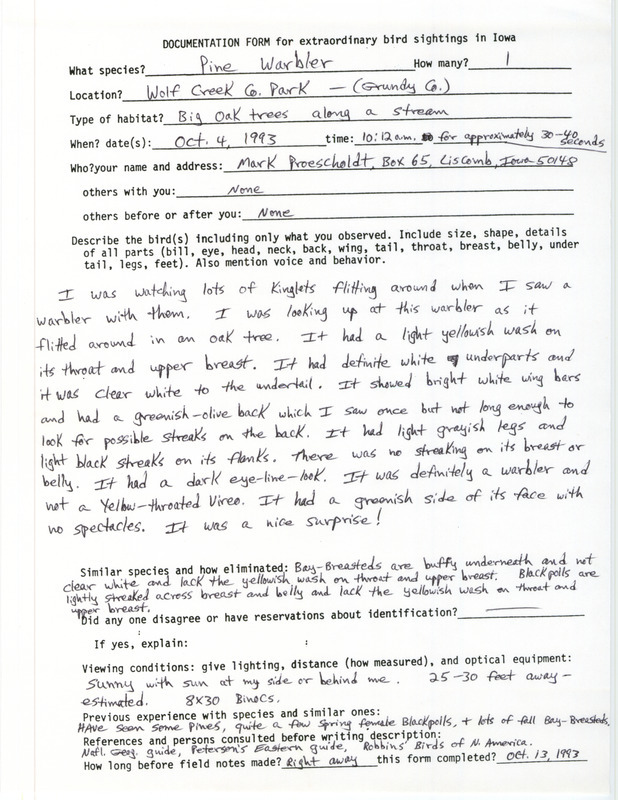 Rare bird documentation form for a Pine Warbler at Wolf Creek County Park in Grundy County, IA on October 4, 1993.