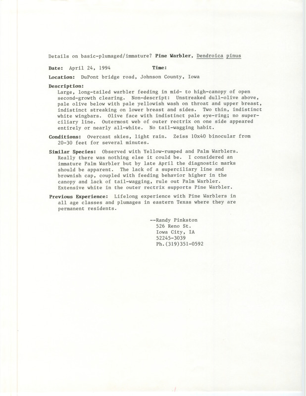 Rare bird documentation form for a Pine Warbler at Hawkeye Wildlife Management Area in Johnson County, IA on April 24, 1994.