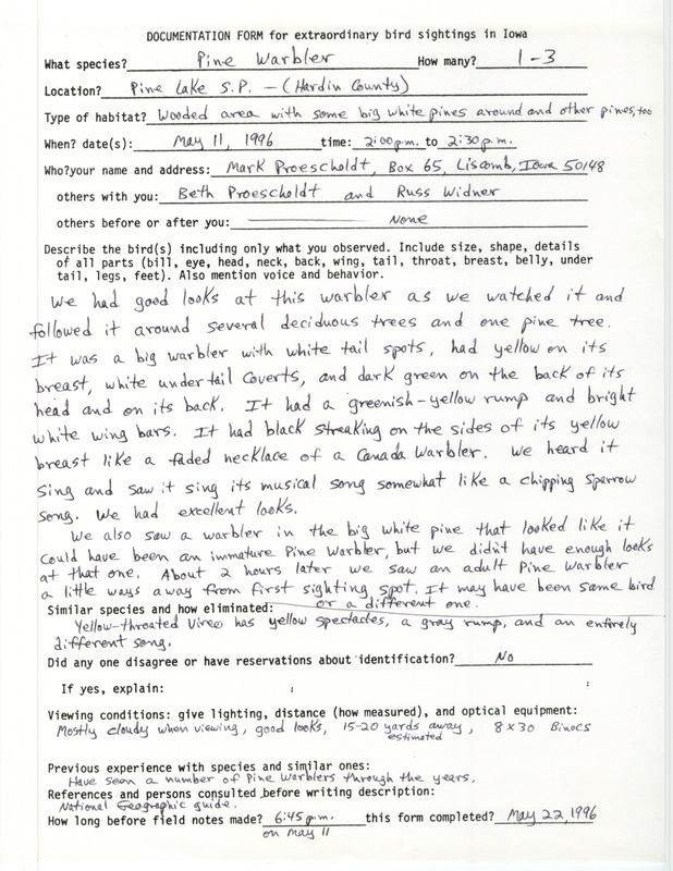 Rare bird documentation form for one to three Pine Warblers at Pine Lake State Park in Hardin County, IA on May 11, 1996.