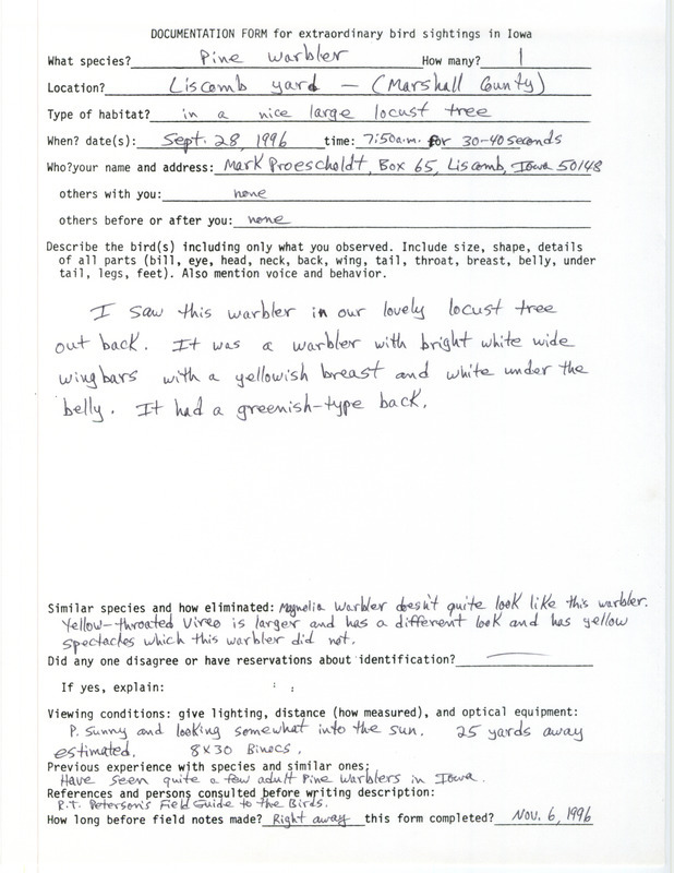 Rare bird documentation form for a Pine Warbler at Liscomb in Marshall County, IA on September 28, 1996.