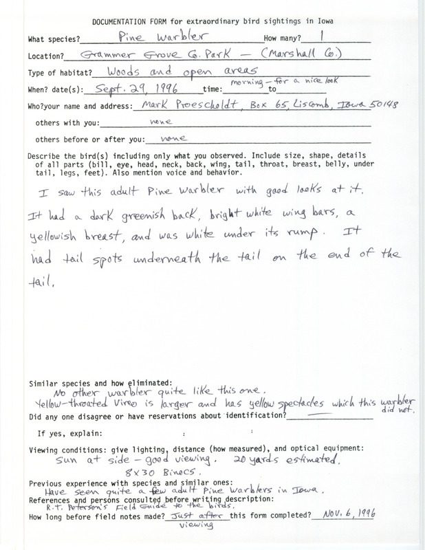 Rare bird documentation form for a Pine Warbler at Grammer Grove County Park in Marshall County, IA on September 29, 1996.