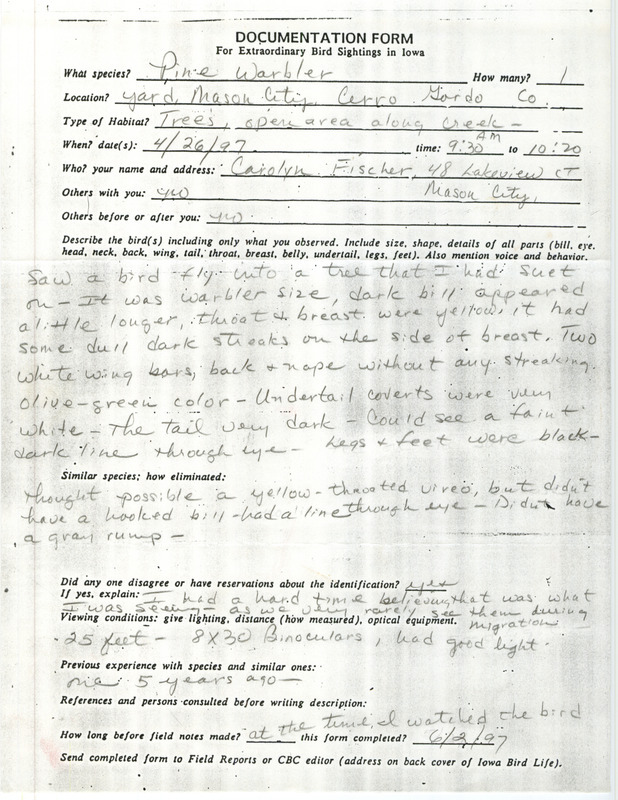 Rare bird documentation form for a Pine Warbler at Mason City in Cerro Gordo County, IA on April 26, 1997.