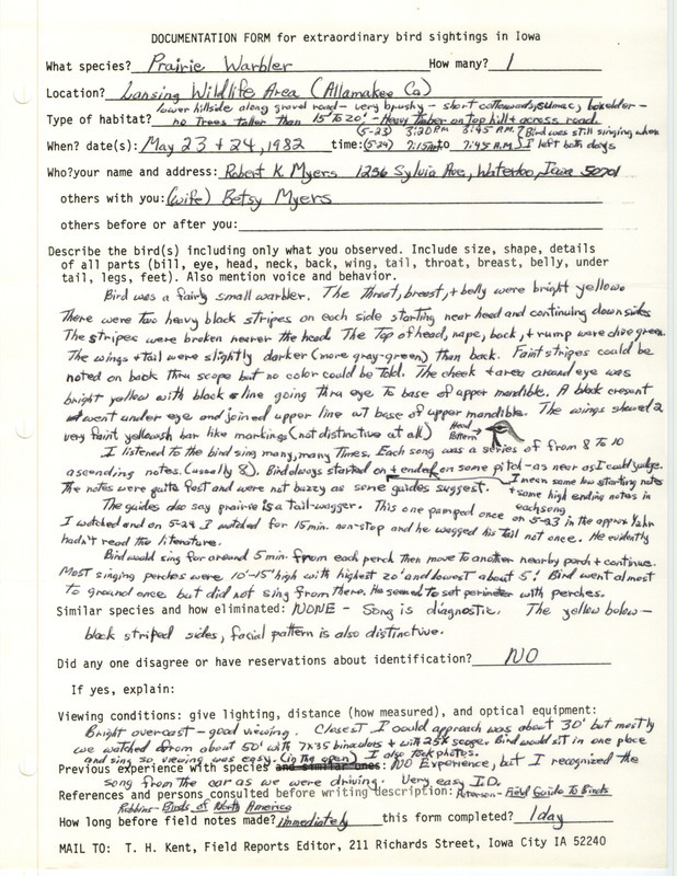 Rare bird documentation form for a Prairie Warbler at Lansing Wildlife Area in Allamakee County, IA on May 23 and 24, 1982.