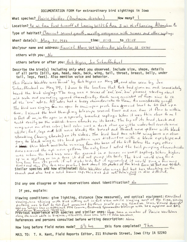 Rare bird documentation form for a Prairie Warbler near Lansing Wildlife Area in Allamakee County, IA on May 30, 1982.