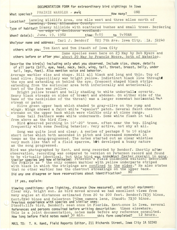 Rare bird documentation form for a Prairie Warbler at Lansing Wildlife Area in Allamakee County, IA on June 19, 1982.