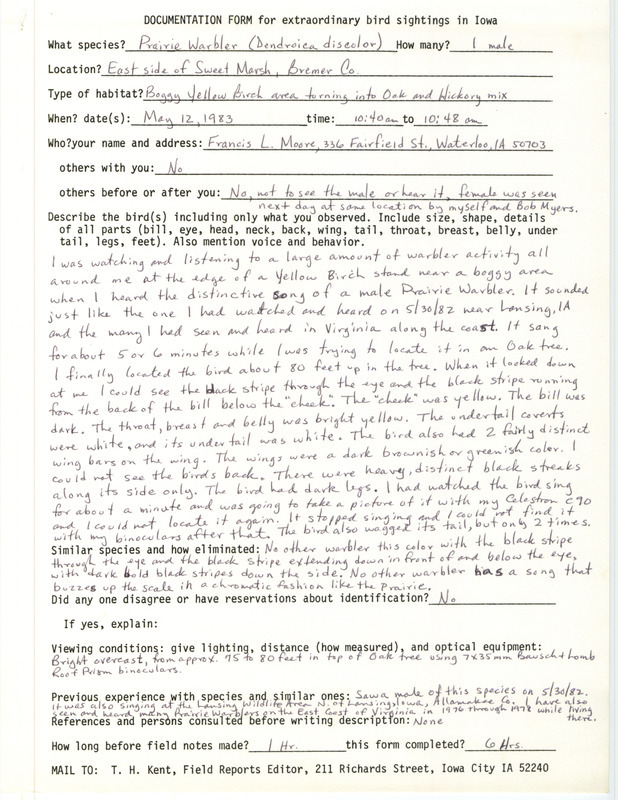 Rare bird documentation form for a Prairie Warbler on the east side of Sweet March in Bremer County, IA on May 12, 1983.