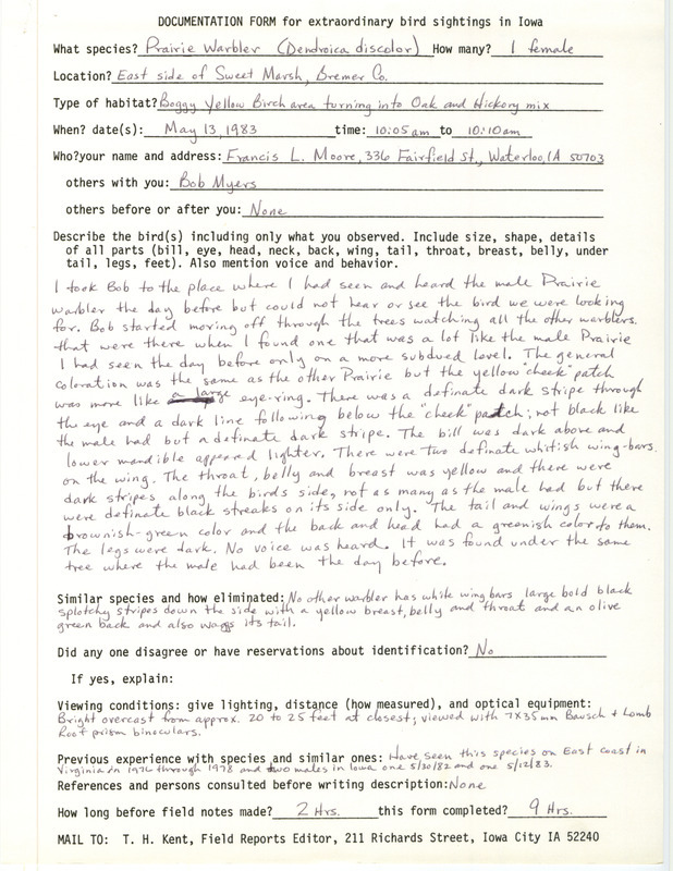 Rare bird documentation form for a Prairie Warbler at Sweet March in Bremer County, IA on May 13, 1983.