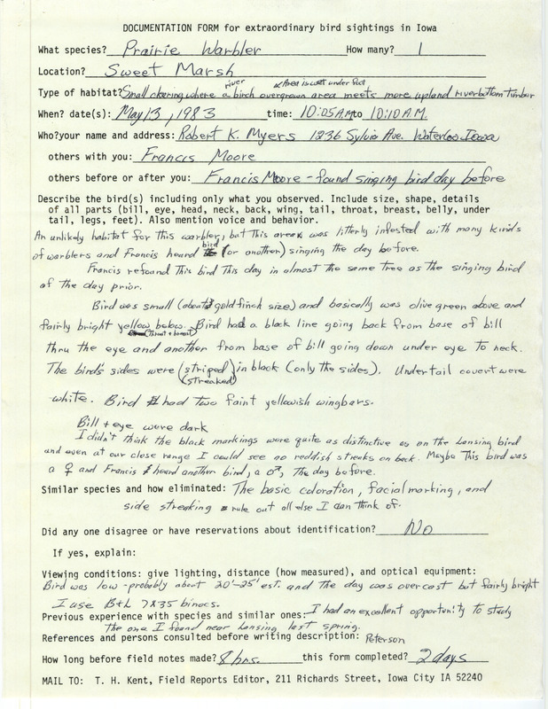 Rare bird documentation form for a Prairie Warbler at Sweet March in Bremer County, IA on May 13, 1983.