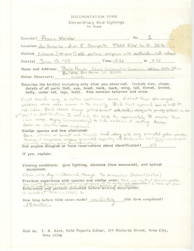 Rare bird documentation form for a Prairie Warbler east of Bonaparte in Van Buren County, IA on June 13, 1983.