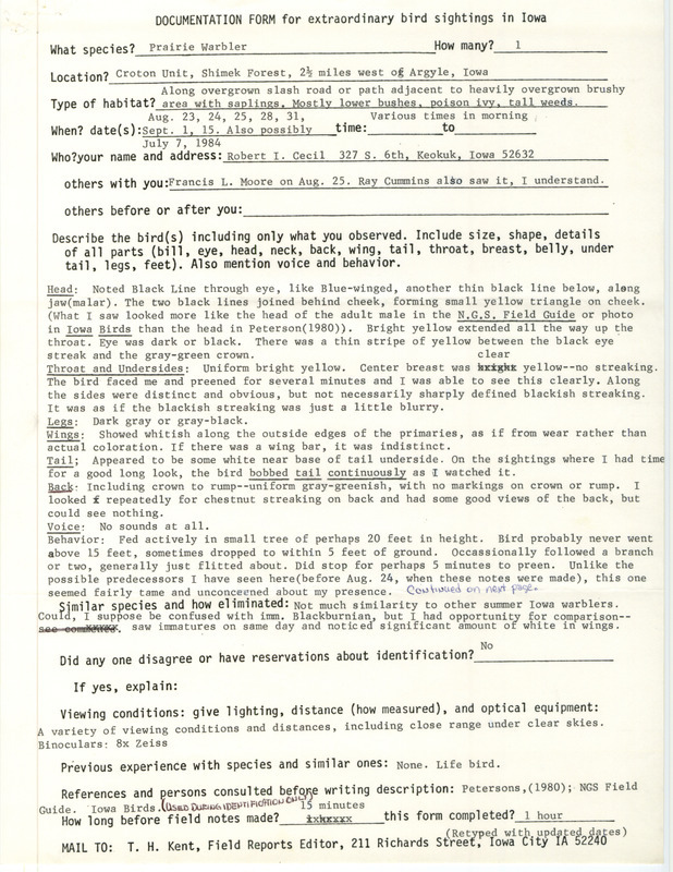 Rare bird documentation form for a Prairie Warbler at the Croton Unit in Shimek State Forest in Lee County, IA on August 23, 24, 25, 28, and 31 as well as September 1 and 15, 1984. The Prairie Warbler was also possibly seen on July 7, 1984.