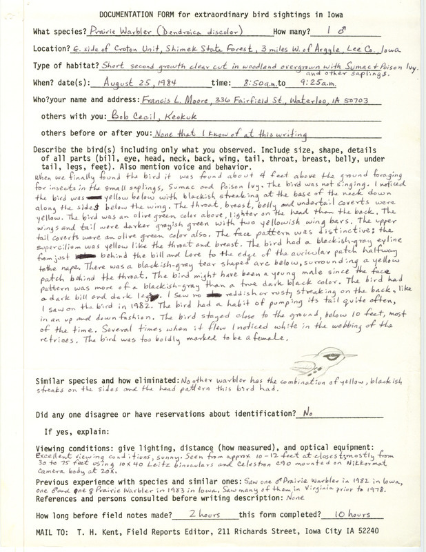 Rare bird documentation form for a Prairie Warbler at the Croton Unit in Shimek State Forest in Lee County, IA on August 25, 1984.