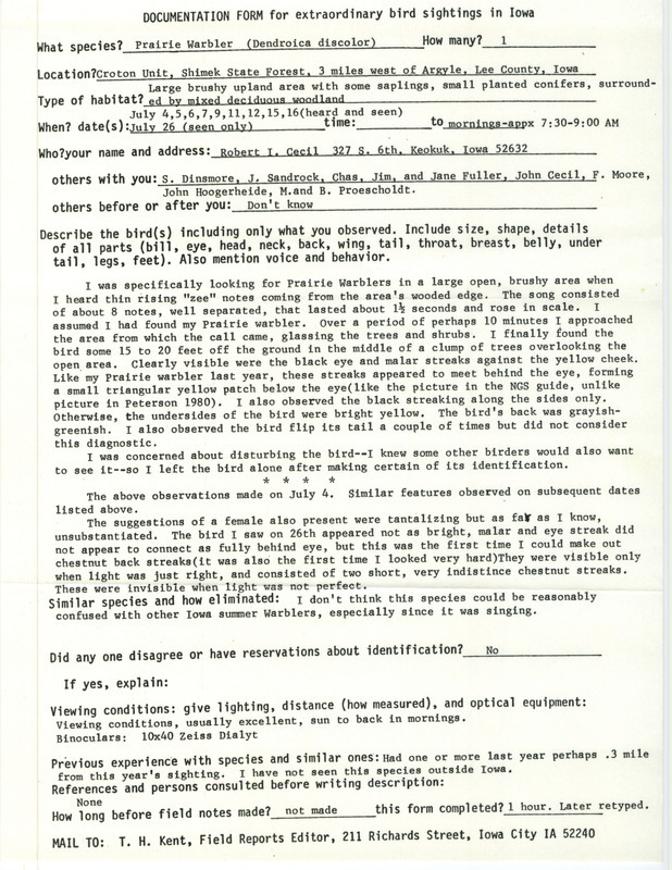 Rare bird documentation form for a Prairie Warbler at Croton Unit in Shimek State Forest in Lee County, IA on July 4, 5, 6, 7, 9, 11, 12, 15, 16, and 26, 1985.