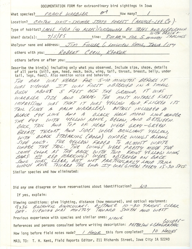 Rare bird documentation form for a Prairie Warbler at the Croton Unit in Shimek State Forest in Lee County, IA on July 5, 1985.