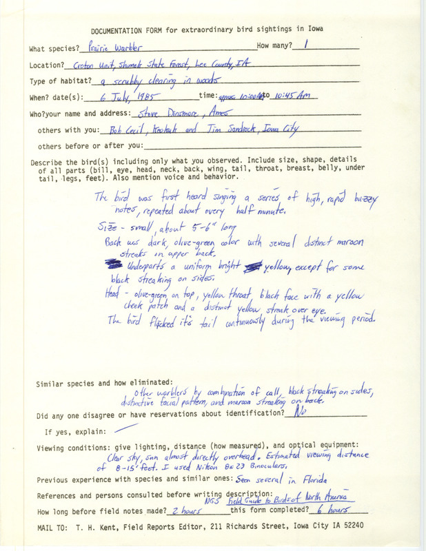 Rare bird documentation form for a Prairie Warbler at the Croton Unit in Shimek State Forest in Lee County, IA on July 6, 1985.