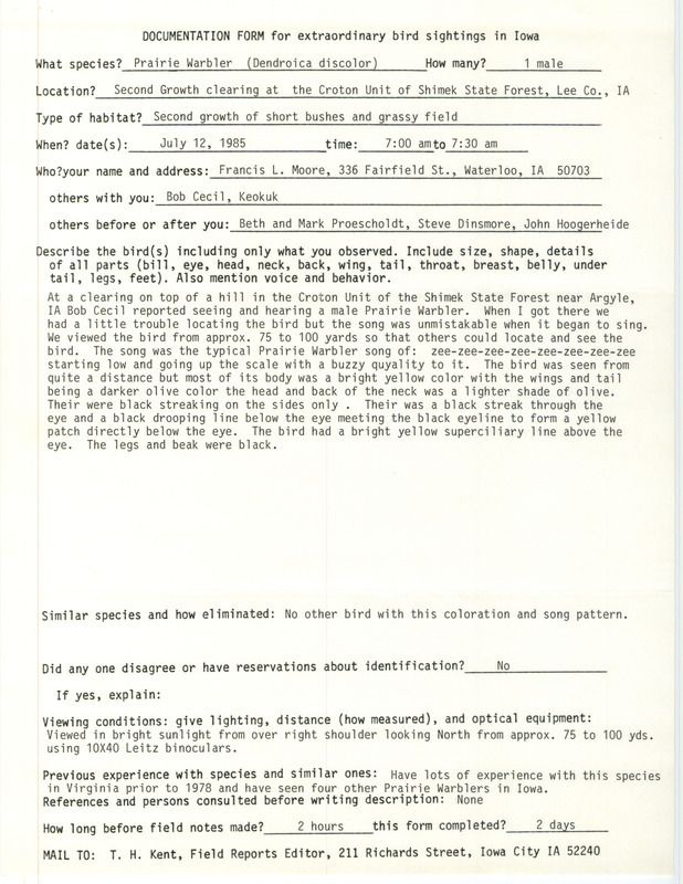 Rare bird documentation form for a Prairie Warbler at the Croton Unit in Shimek State Forest in Lee County, IA on July 12, 1985.