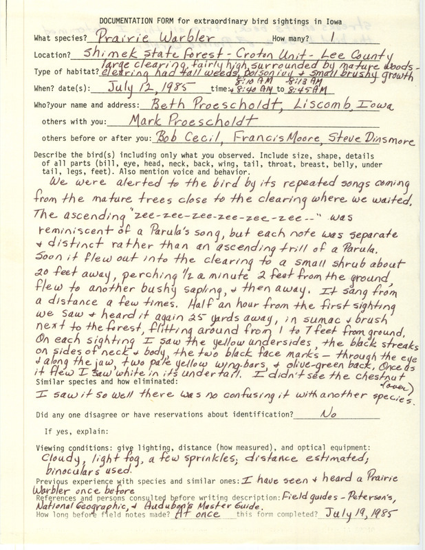 Rare bird documentation form for a Prairie Warbler at the Croton Unit in Shimek State Forest in Lee County, IA on July 12, 1985.