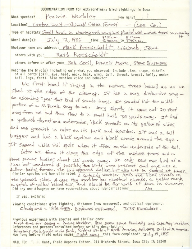 Rare bird documentation form for a Prairie Warbler at the Croton Unit in Shimek State Forest in Lee County, IA on July 12, 1985.