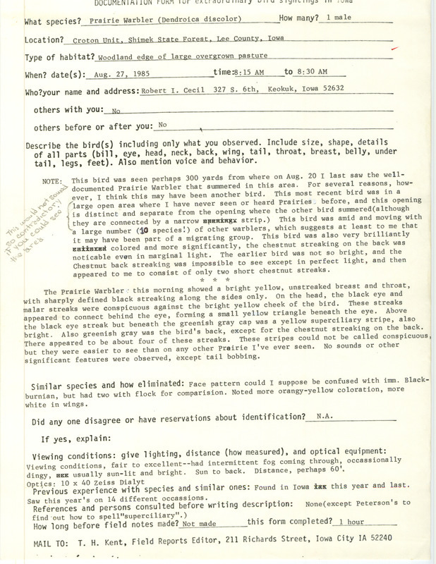 Rare bird documentation form for a Prairie Warbler at the Croton Unit in Shimek State Forest in Lee County, IA on August 27, 1985.