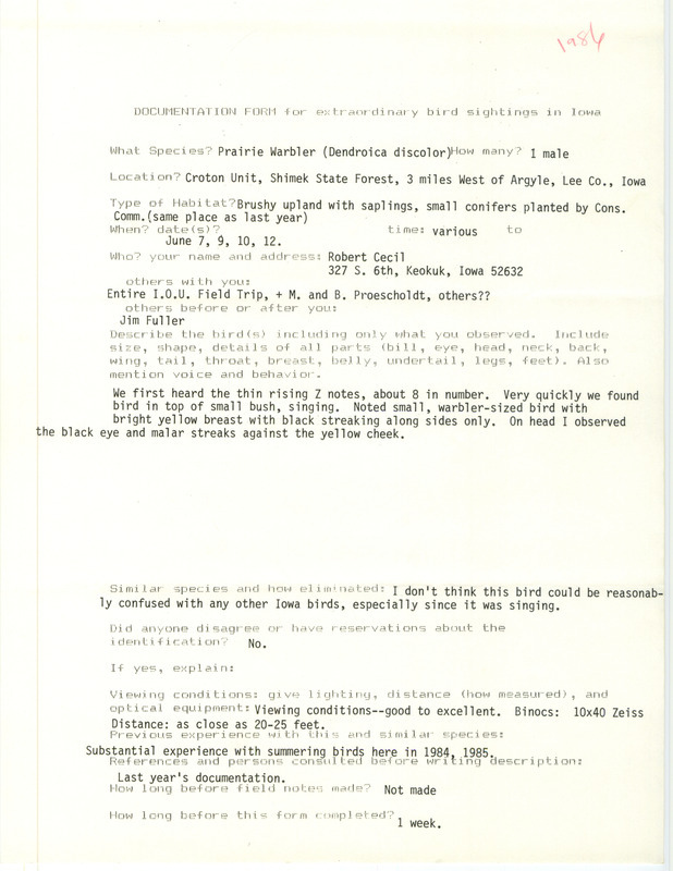 Rare bird documentation form for a Prairie Warbler at Croton Unit in Shimek State Forest in Lee County, IA on June 7, 9, 10, and 12, 1986.