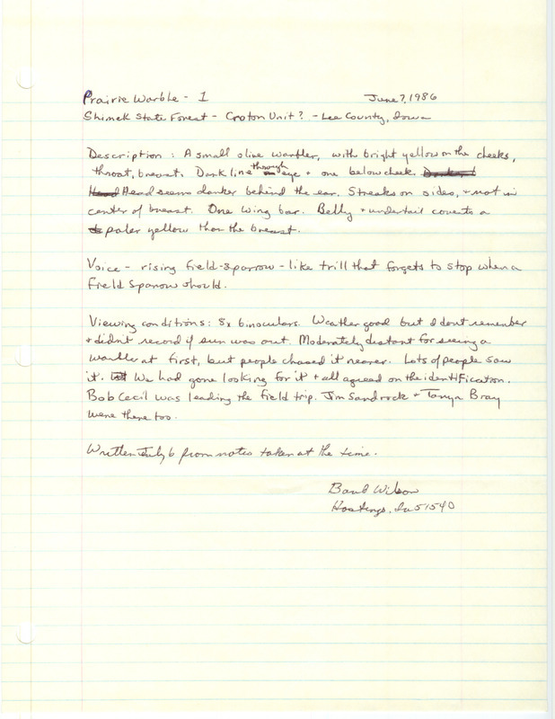 Rare bird documentation form for a Prairie Warbler at the Croton Unit in Shimek State Forest in Lee County, IA on June 7, 1986.