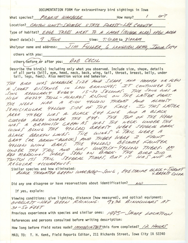 Rare bird documentation form for a Prairie Warbler at the Croton Unit in Shimek State Forest in Lee County, IA on June 9, 1986.