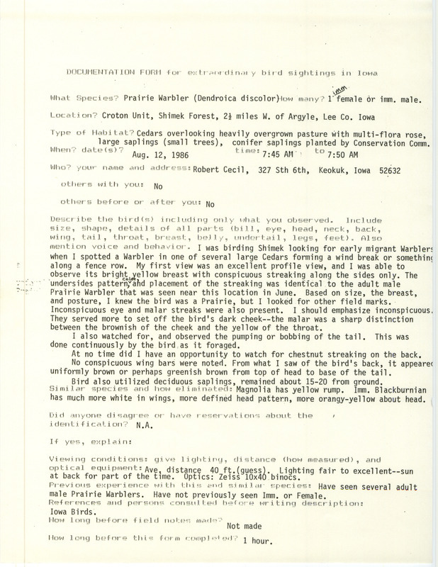 Rare bird documentation form for a Prairie Warbler at the Croton Unit in Shimek State Forest in Lee County, IA on August 12, 1986.