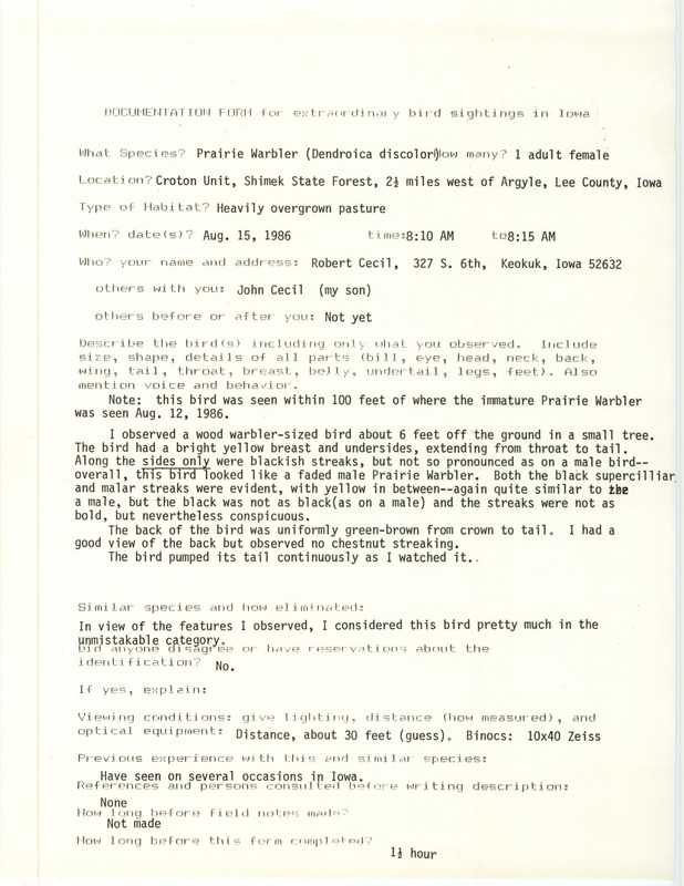 Rare bird documentation form for a Prairie Warbler at the Croton Unit in Shimek State Forest in Lee County, IA on August 15, 1986.