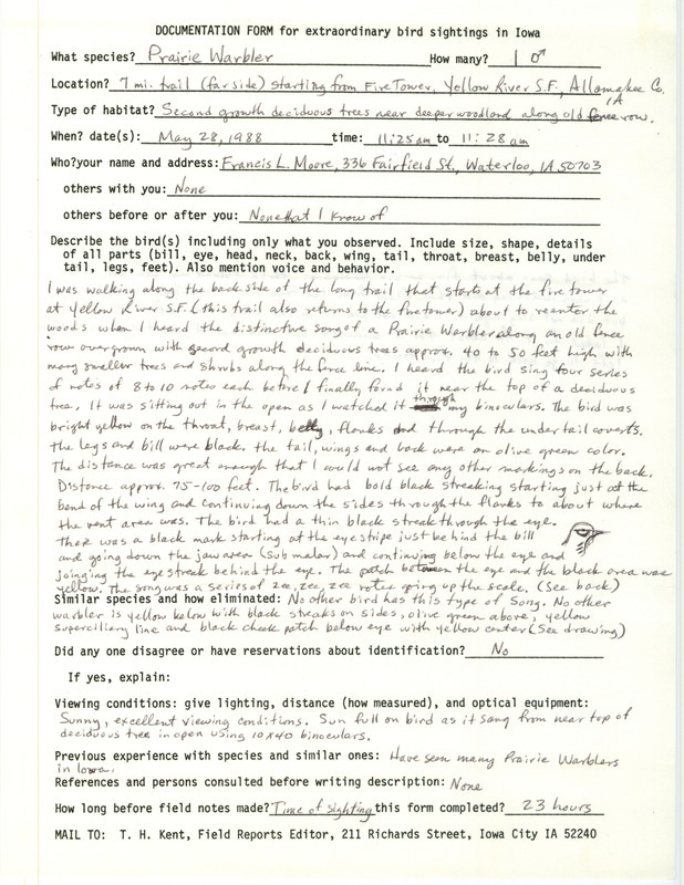 Rare bird documentation form for a Prairie Warbler at Yellow River State Forest Trail in Allamakee County, IA on May 28, 1988.