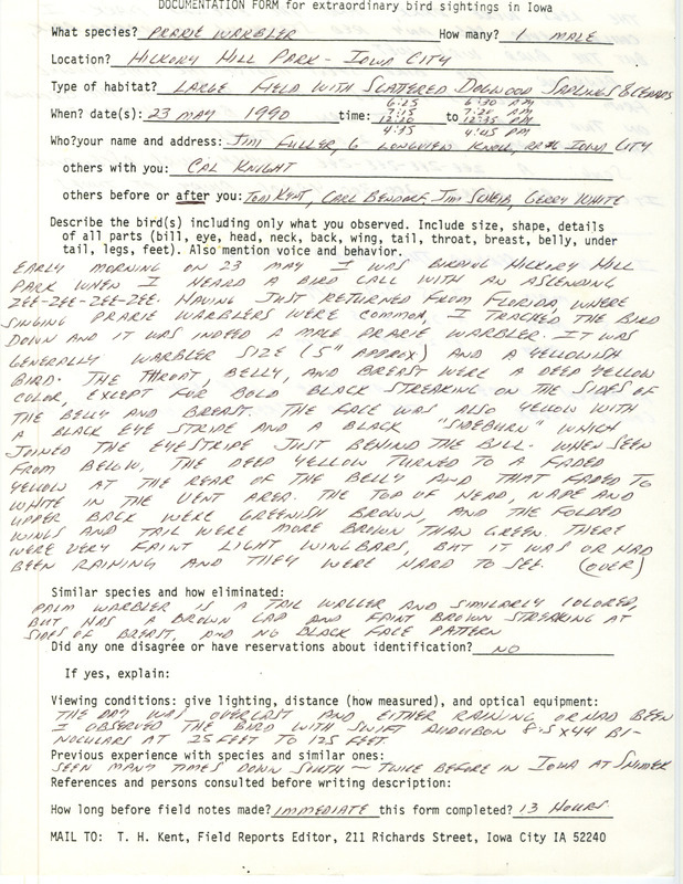 Rare bird documentation form for a Prairie Warbler at Hickory Hill Park in Iowa City in Johnson County, IA on May 23, 1990.