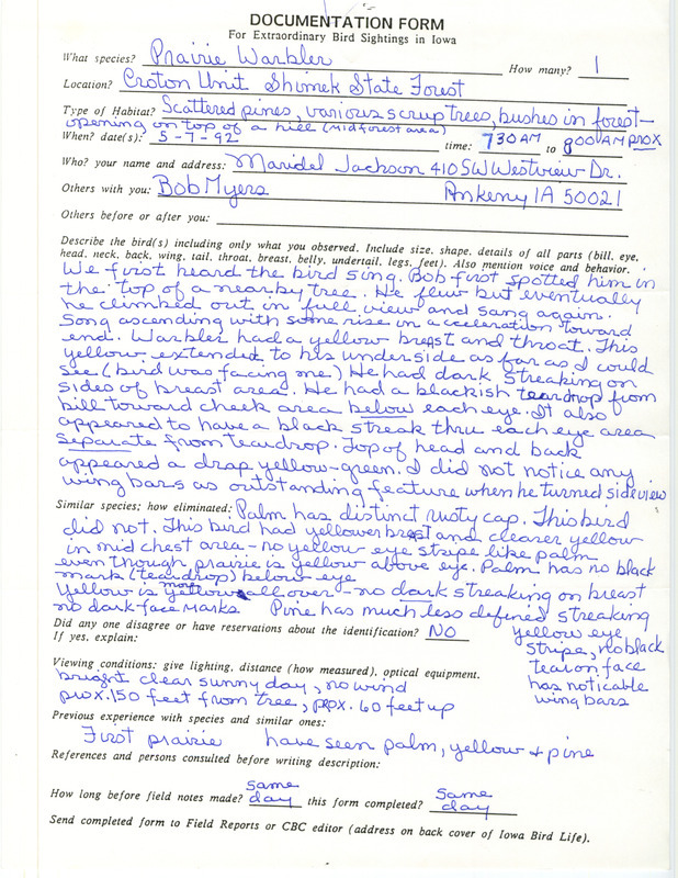 Rare bird documentation form for a Prairie Warbler at the Croton Unit in Shimek State Forest in Lee County, IA on May 7, 1992.