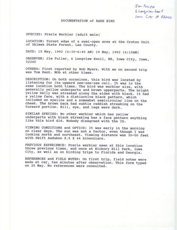 Rare bird documentation for a Prairie Warbler at the Croton Unit in Shimek State Forest in Lee County, IA on May 15, 1992.