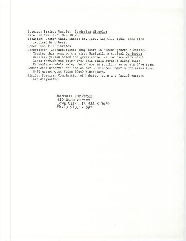 Rare bird documentation form for a Prairie Warbler at the Croton Unit in Shimek State Forest in Lee County, IA on May 28, 1992.