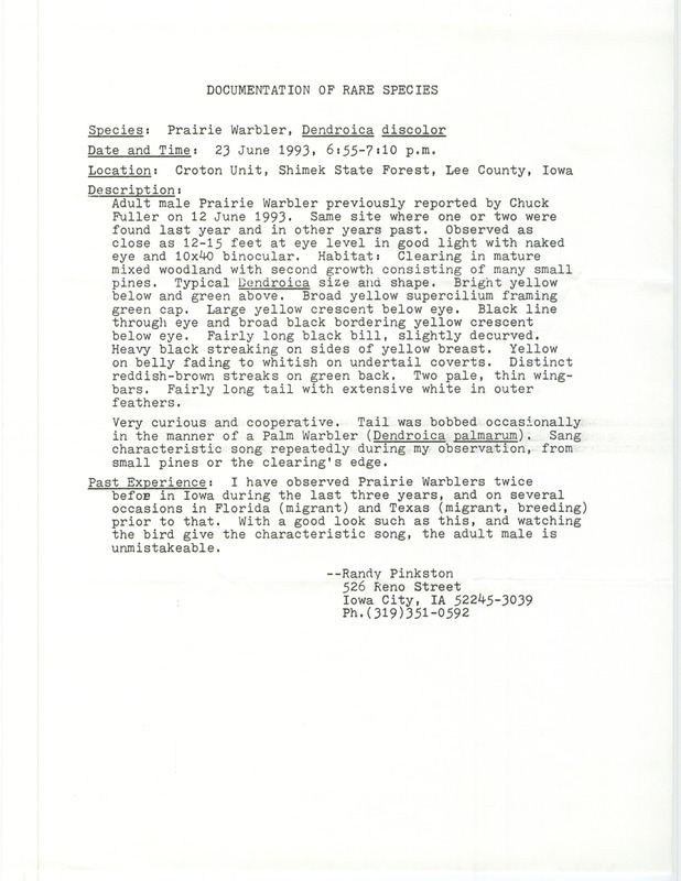 Rare bird documentation form for a Prairie Warbler at the Croton Unit in Shimek State Forest in Lee County, IA on June 23, 1993.