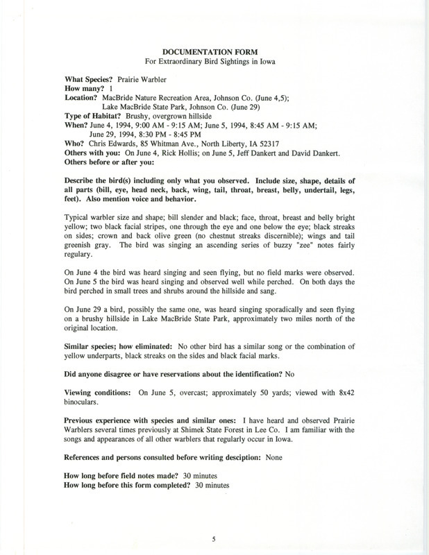 Rare bird documentation form for a Prairie Warbler at MacBride Nature Recreation Area in Johnson County, IA on June 4 and 5, 1994 and Lake MacBride State Park in Johnson County, IA on June 29, 1994.